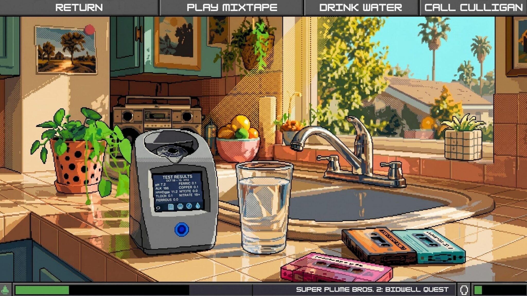 A retro 1980s inspired scene of a Chico home kitchen sink with a glass of tap water, colorful cassette tapes, and a water testing kit nearby.