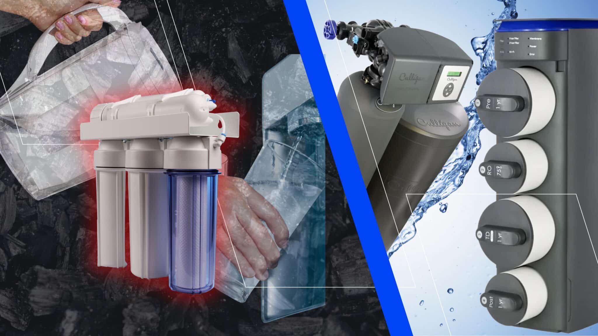 Half the image features carbon-based filters, such as a pitcher and a fridge water dispenser, and the second half features multistage water filters, including a reverse osmosis unit with four filters.