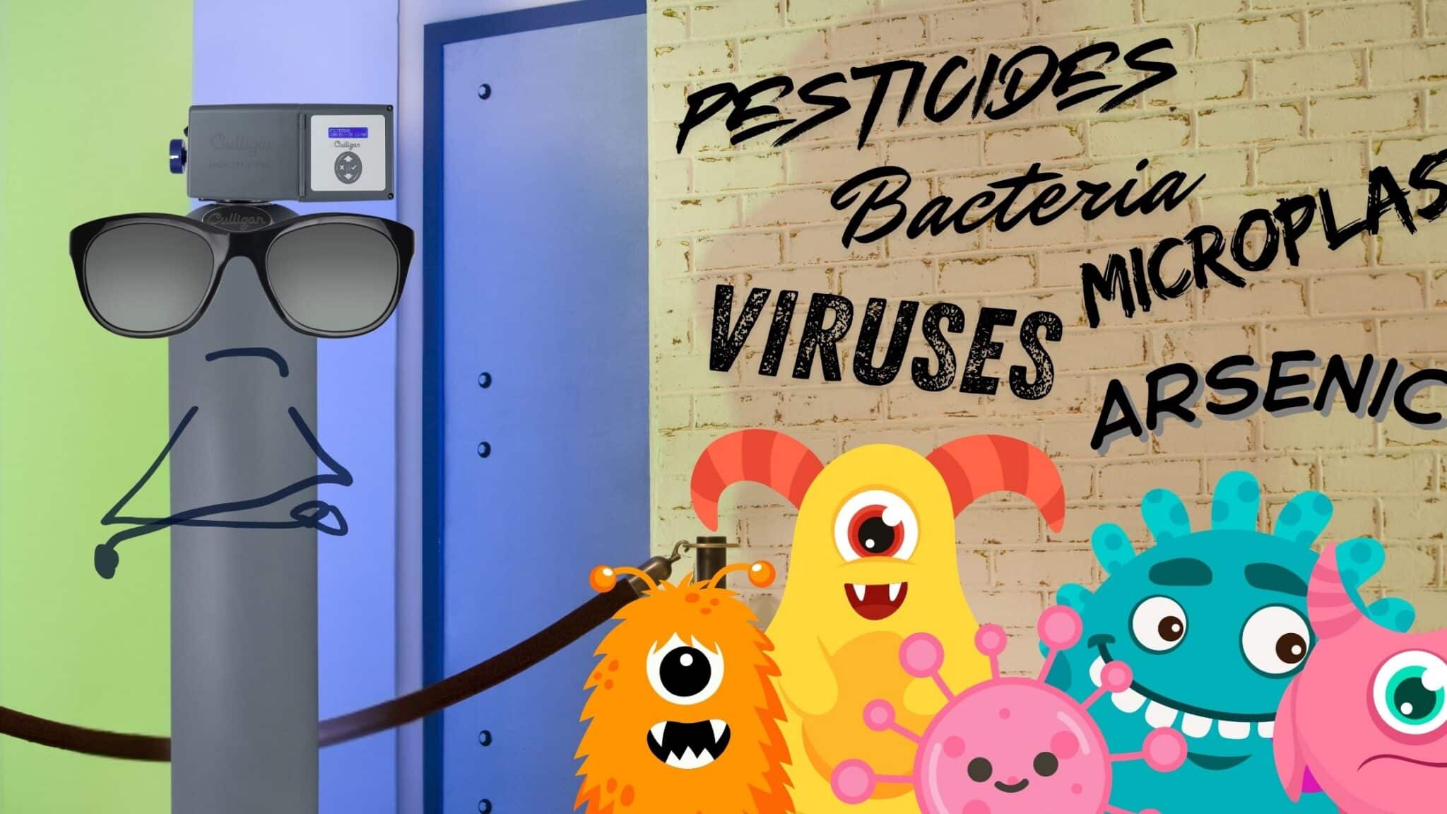 An imagined scene outside a club entrance door with the bouncer being a multistage water filter with sunglasses and crossed arms, guarding the entrance from several monster-like creatures bearing names such as arsenic, microplastics and bacteria.